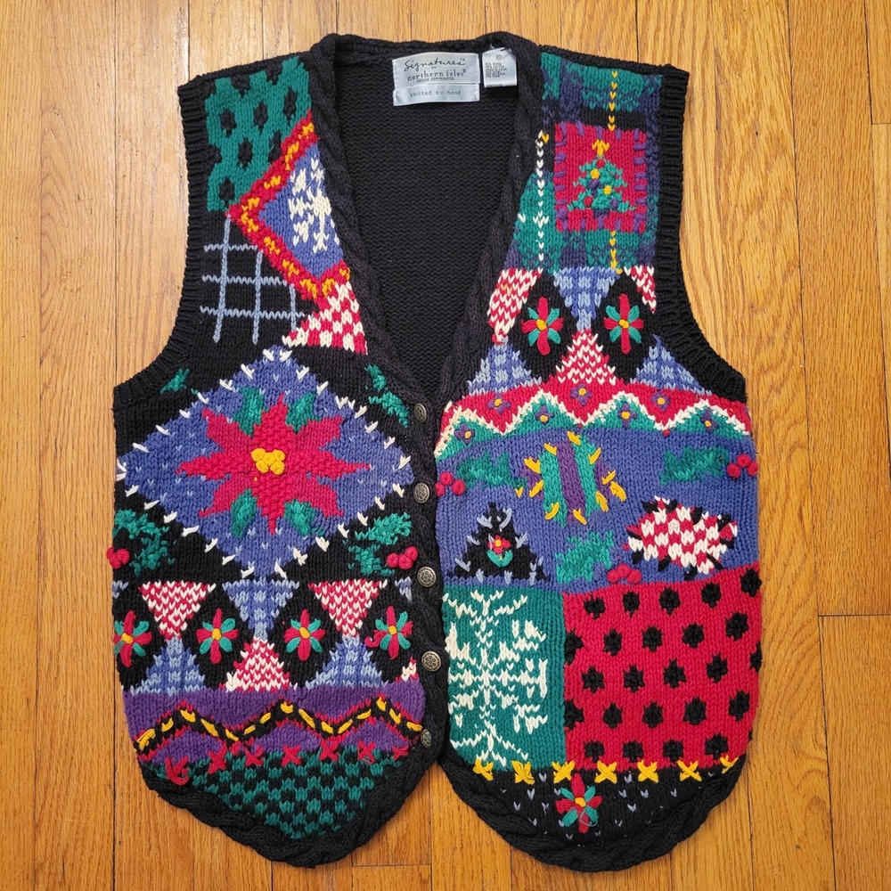 Northern Isles Knitted By‎ Hand Ugly Christmas Sweater Vest M Holiday Granny